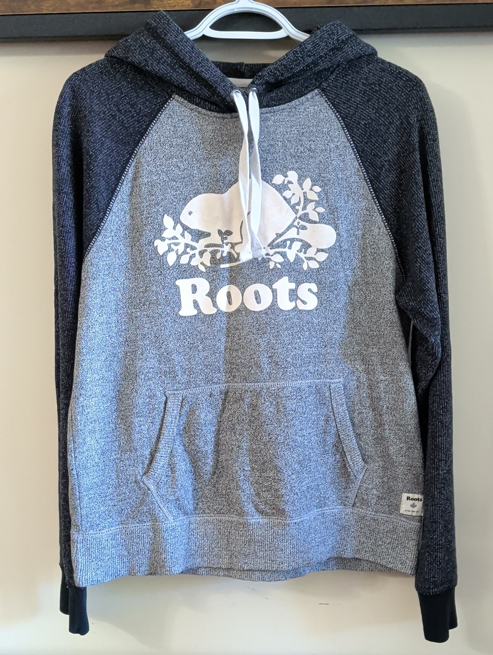 Roots Men's Two-Tone Gray Hooded Sweater with White Logo